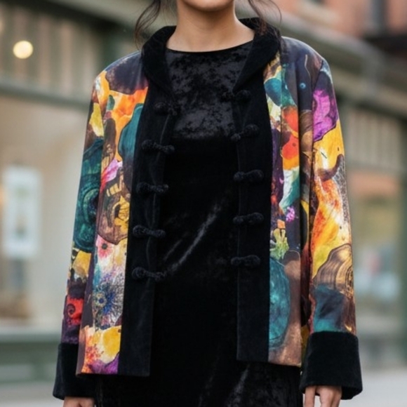 Xiuniang Jackets & Blazers - Unique Silky Ink Art Jacket with Velvet Trim